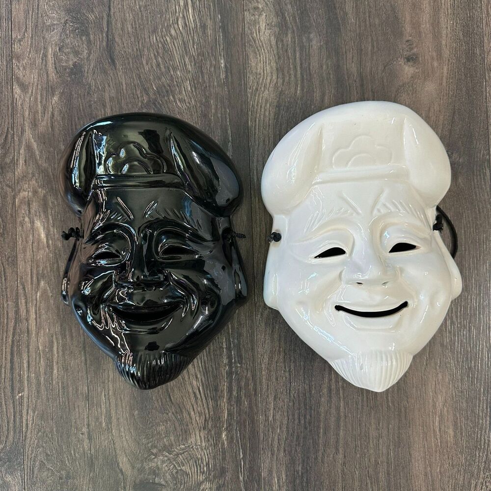 Vintage 2 Pc Set Pier 1 Ceramic Daikoku Masks Black/White Japanese God of Wealth